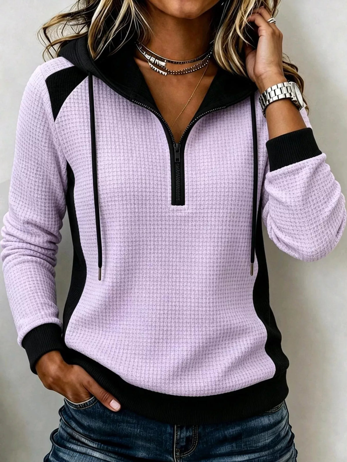 Color-Block Waffle Knit Quarter-Zip Hoodie — front view