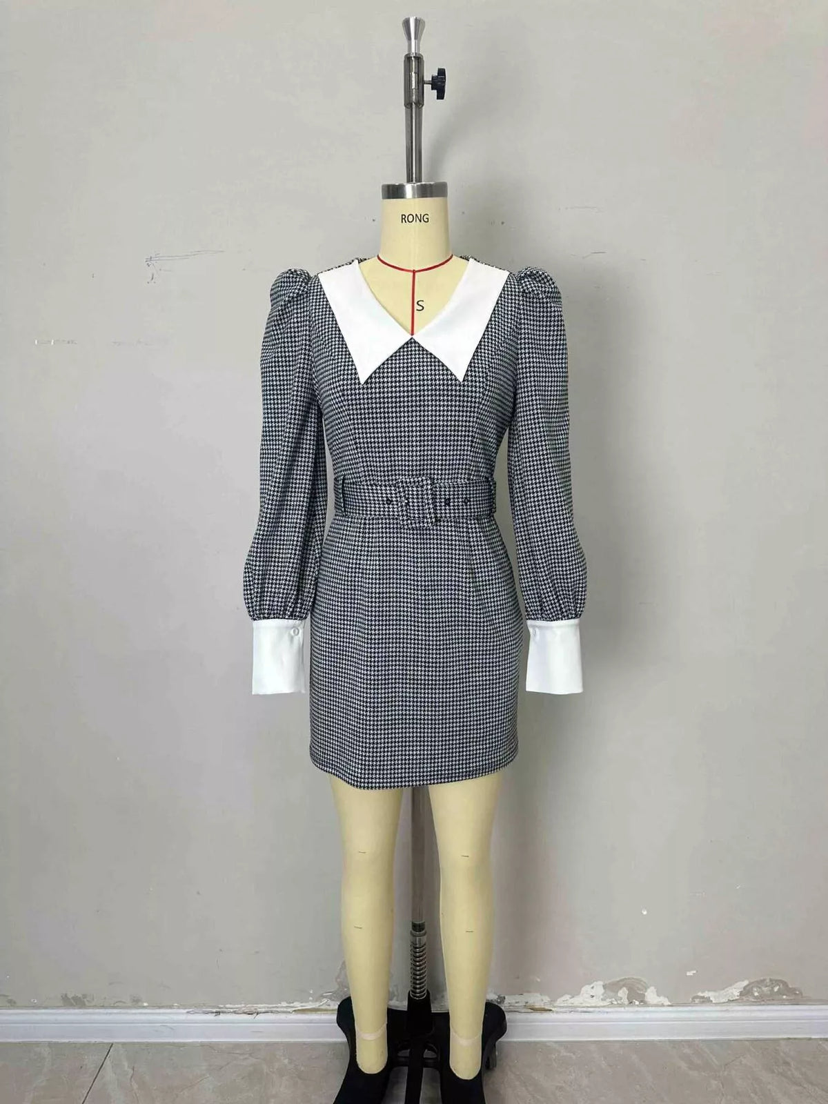 Black Contrast Collar Houndstooth Mini Dress side view