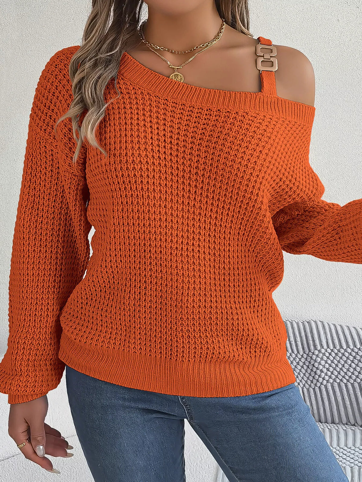 Asymmetrical Neck Long Sleeve Sweater in orange, front view