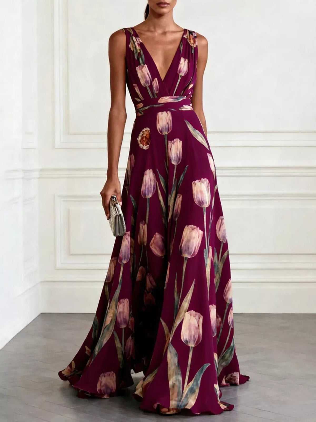Women's Sleeveless Floral Print Maxi Dress in burgundy floral — front view