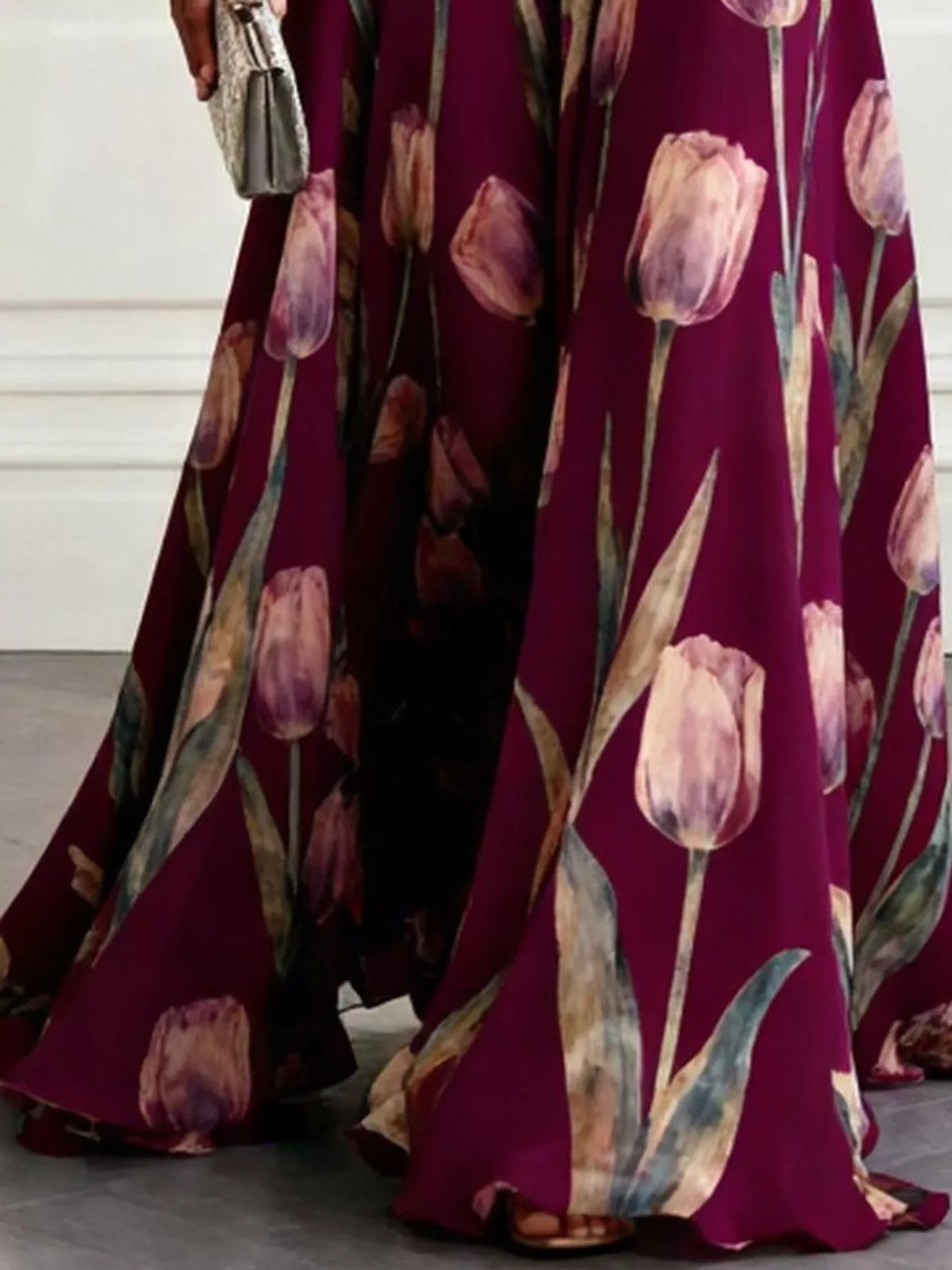 Women's Sleeveless Floral Print Maxi Dress in burgundy floral — print detail view
