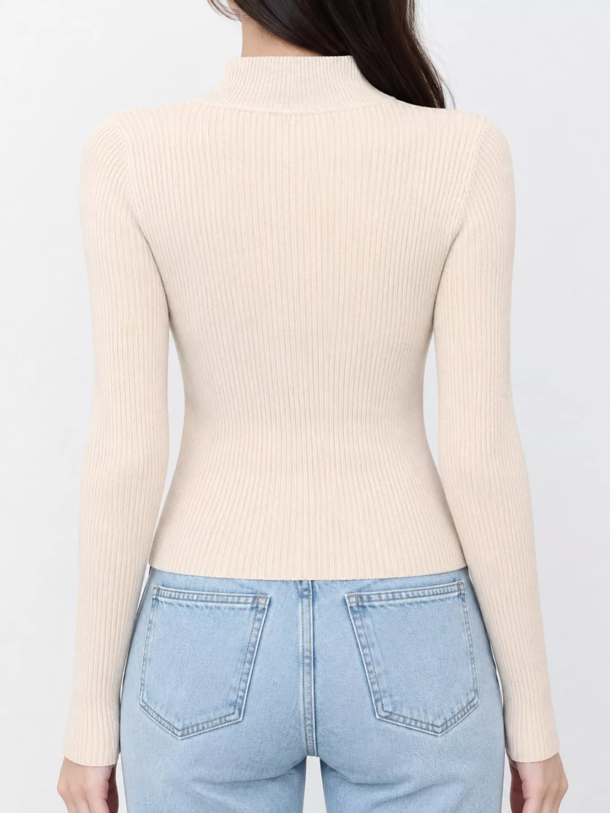Ivory ribbed mock neck long sleeve knit top, back view