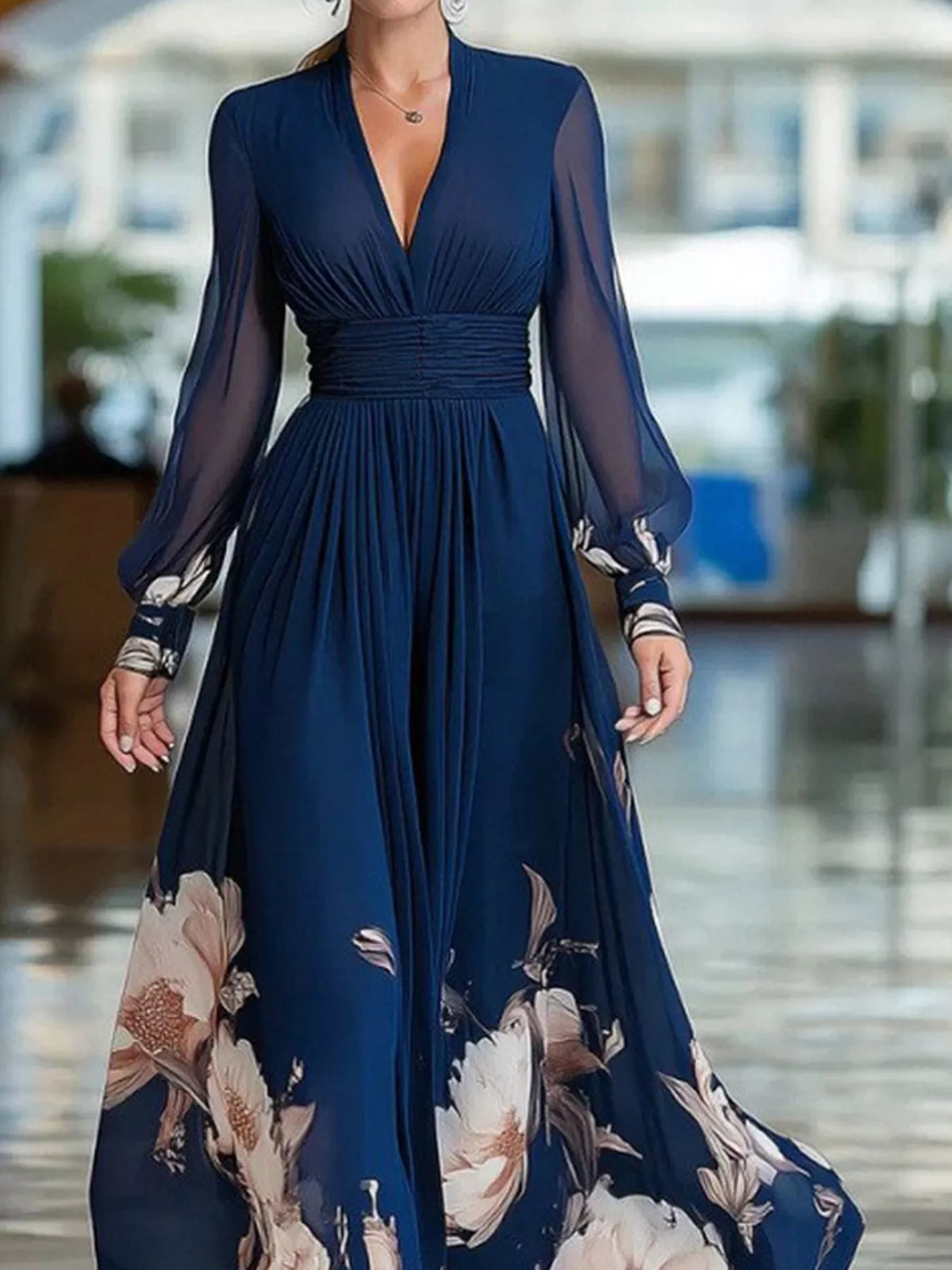 Navy floral v neck maxi dress, front view