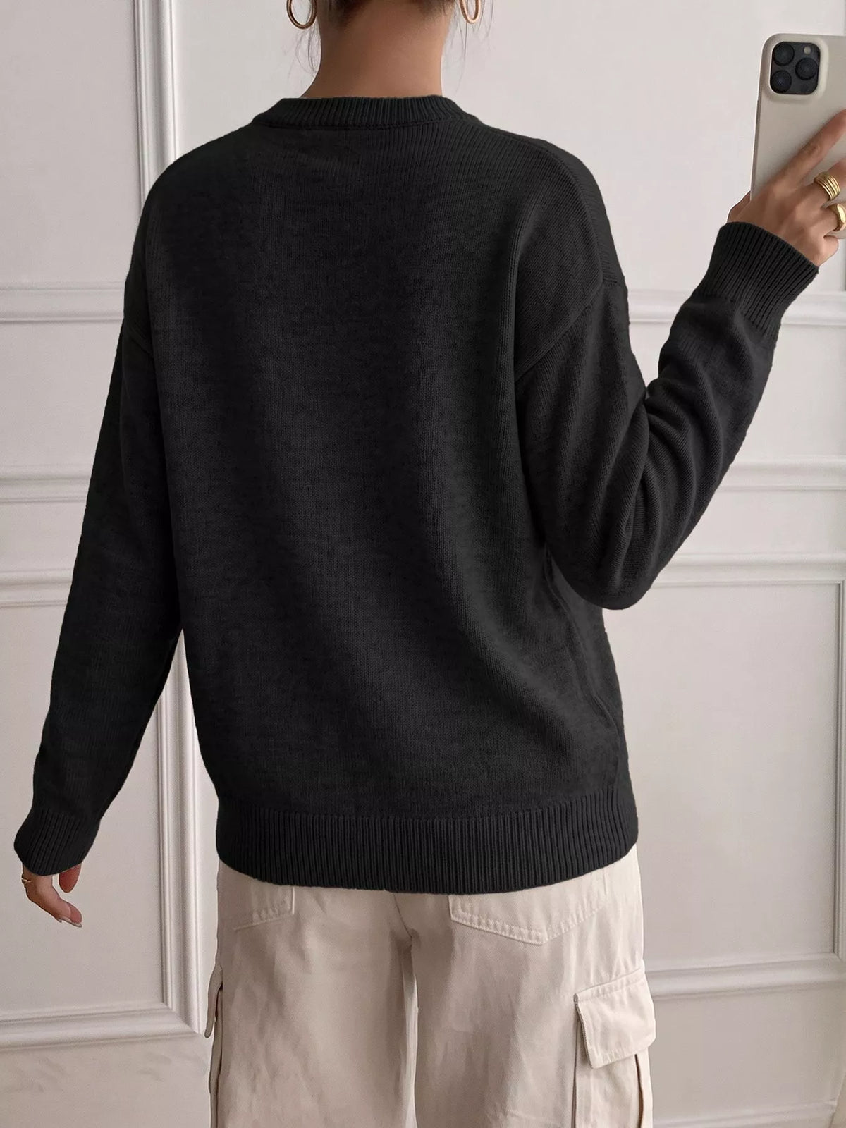 Trendsi Decor Button-Placket Ribbed Knit Sweater -
