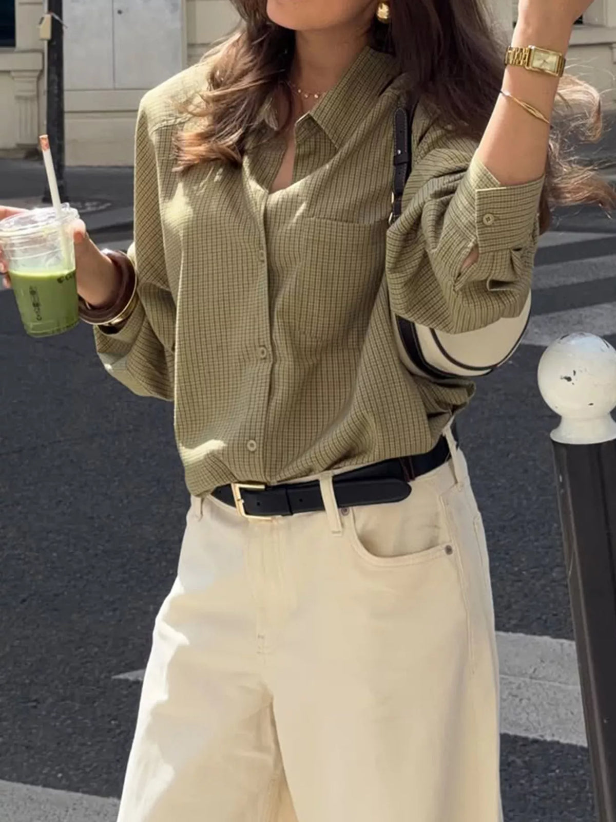 Plaid Button-Down Shirt in green, front view