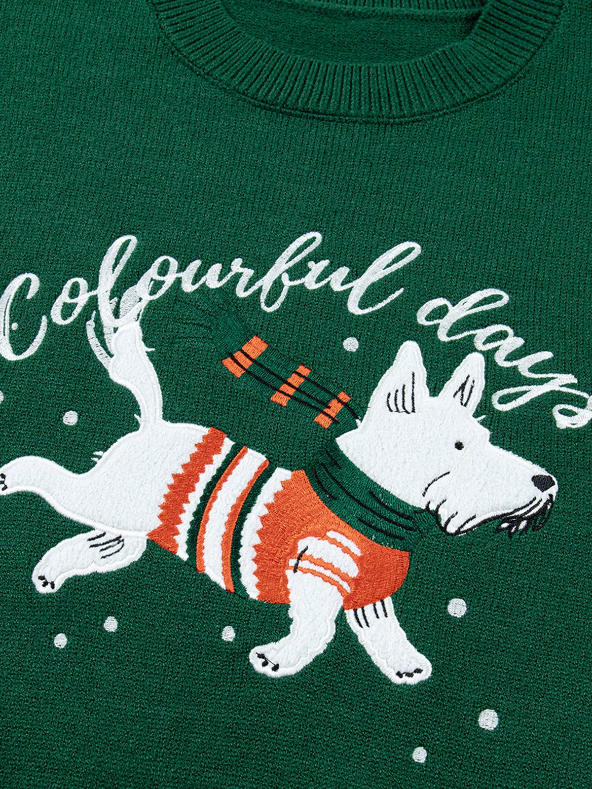 Dark Green abstract dog embroidery christmas round neck sweater, detail view
