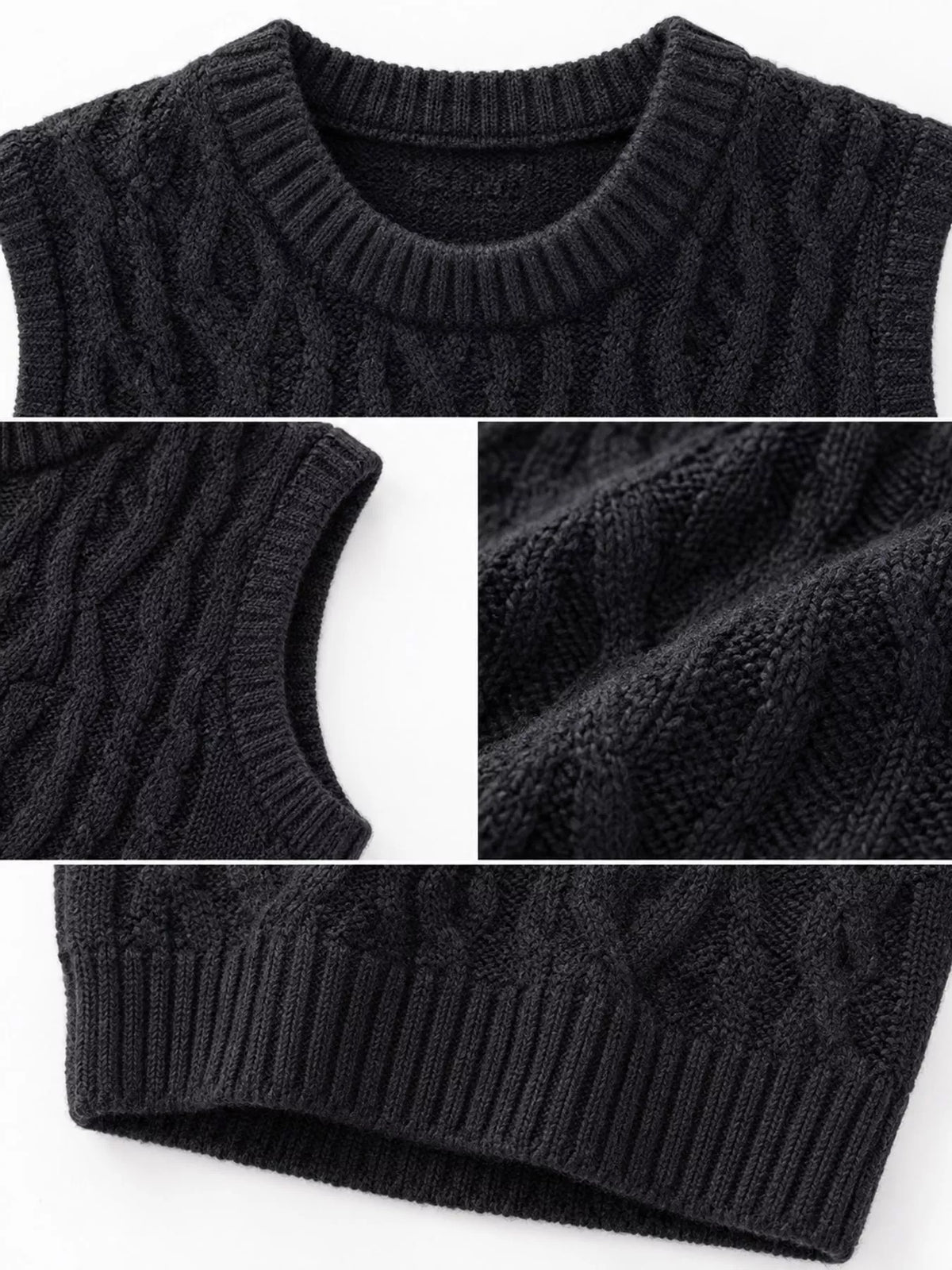 Black cable-knit sweater vest, neckline, armhole, and cable texture