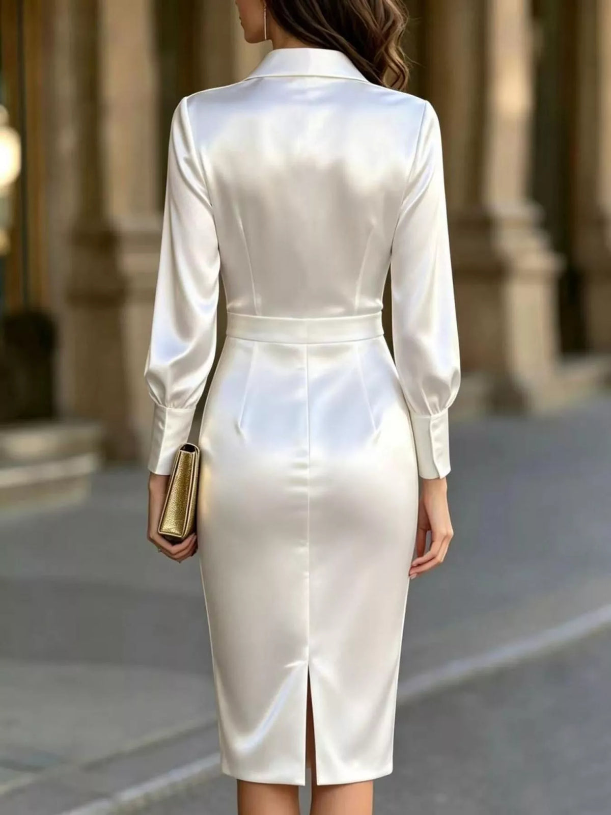 White satin lantern sleeve midi dress