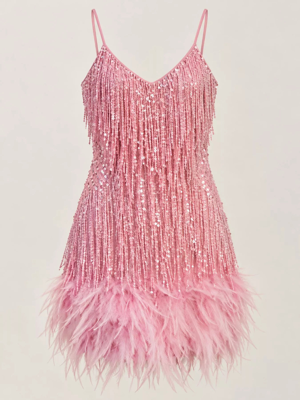 Pink feather fringe sequin mini dress, front view