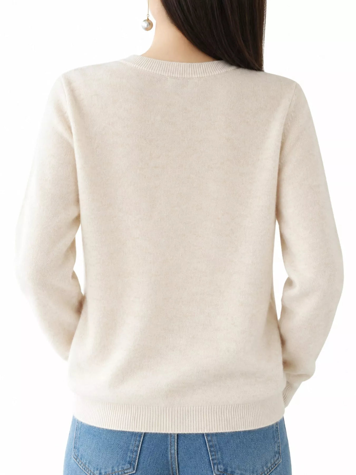 Ivory crew neck button-front cardigan, back view