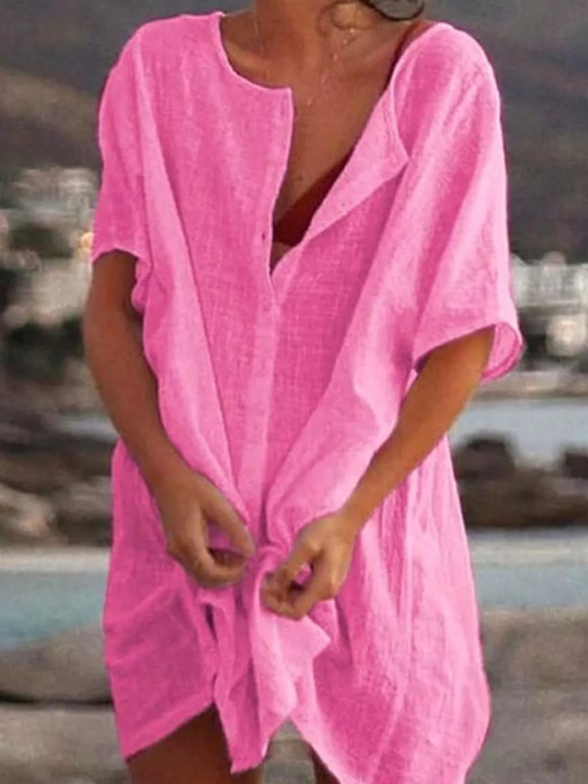 Linen-blend shirt, pink knotted front