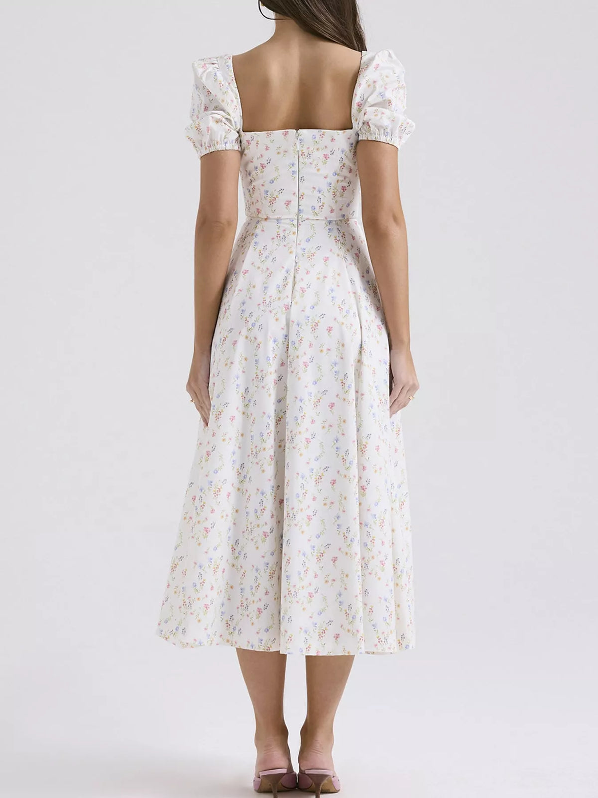 Women's Paneled Bodice Gathered Midi Dress in small floral — back view