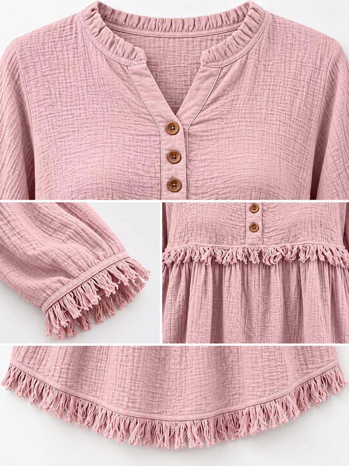 Frayed-hem blouse, pink button and fringed trim details