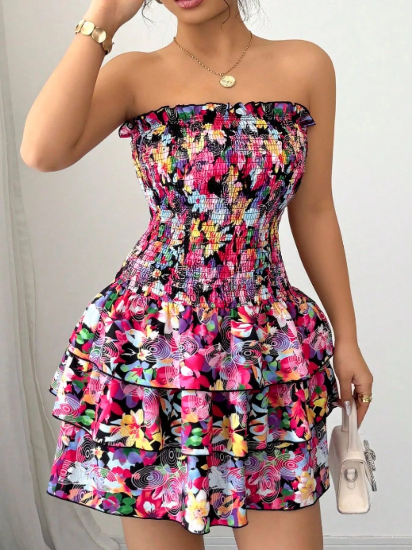 Trendsi Strapless Smocked Floral Tiered Mini Dress -
