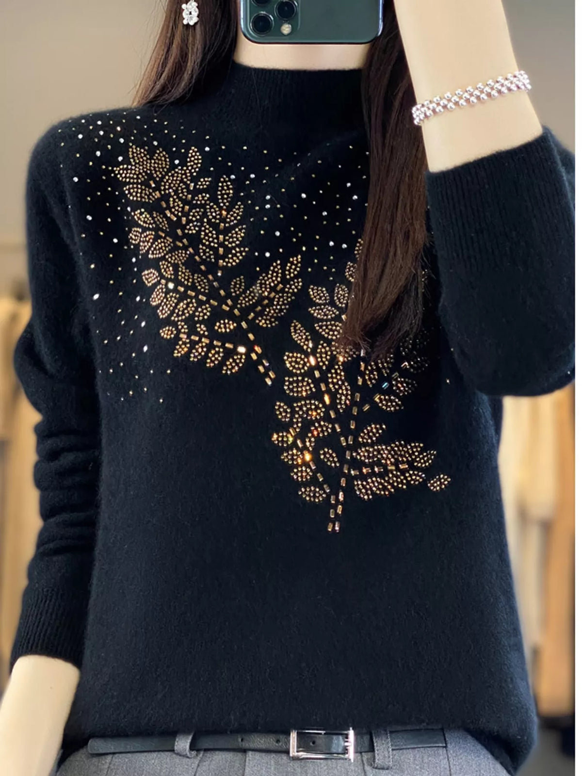 Rhinestone Leaf Mock Neck Sweater — front view