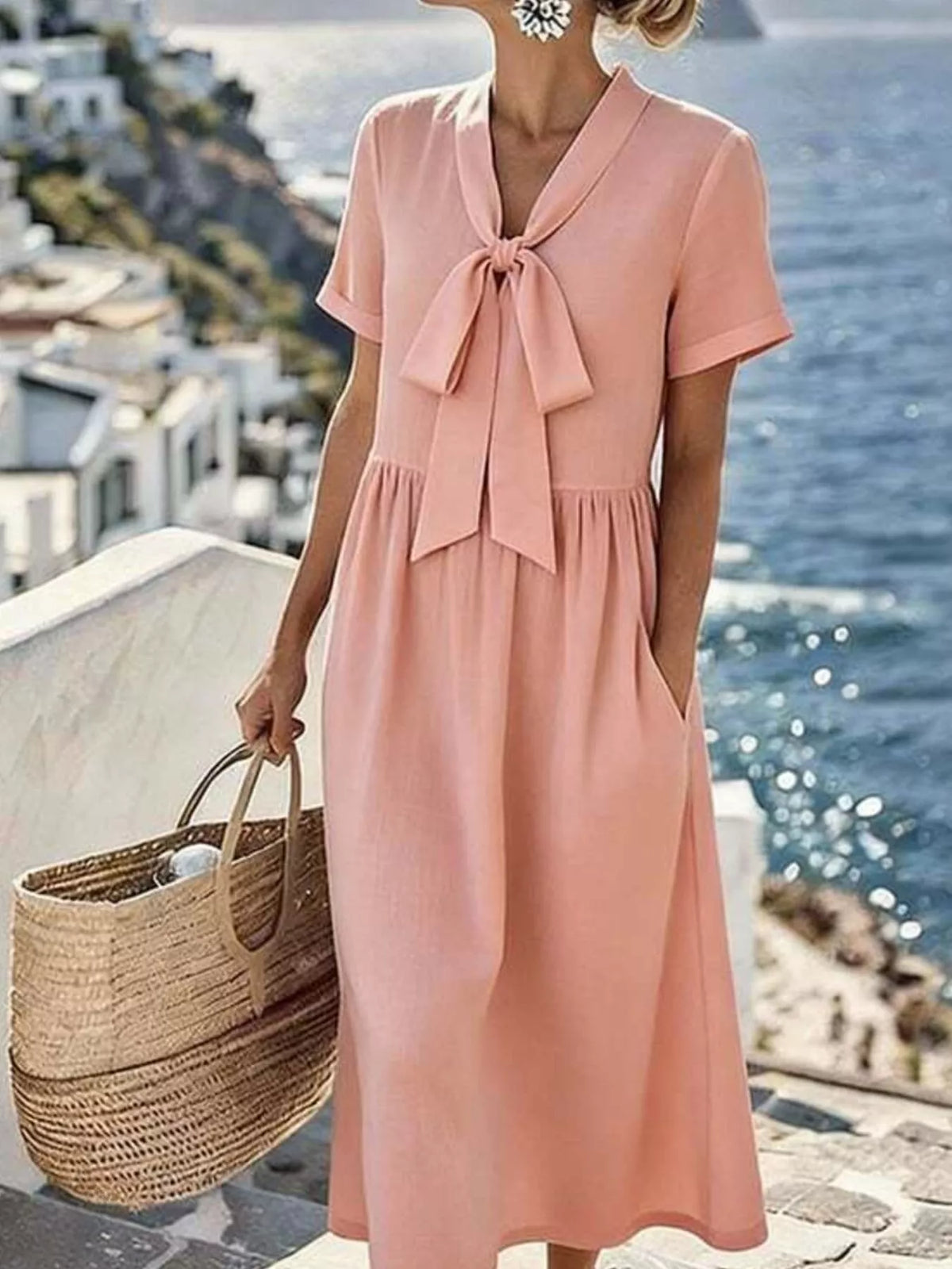 Women's Bow-Tie Short Sleeve Midi Dress in Watermelon pink, front view