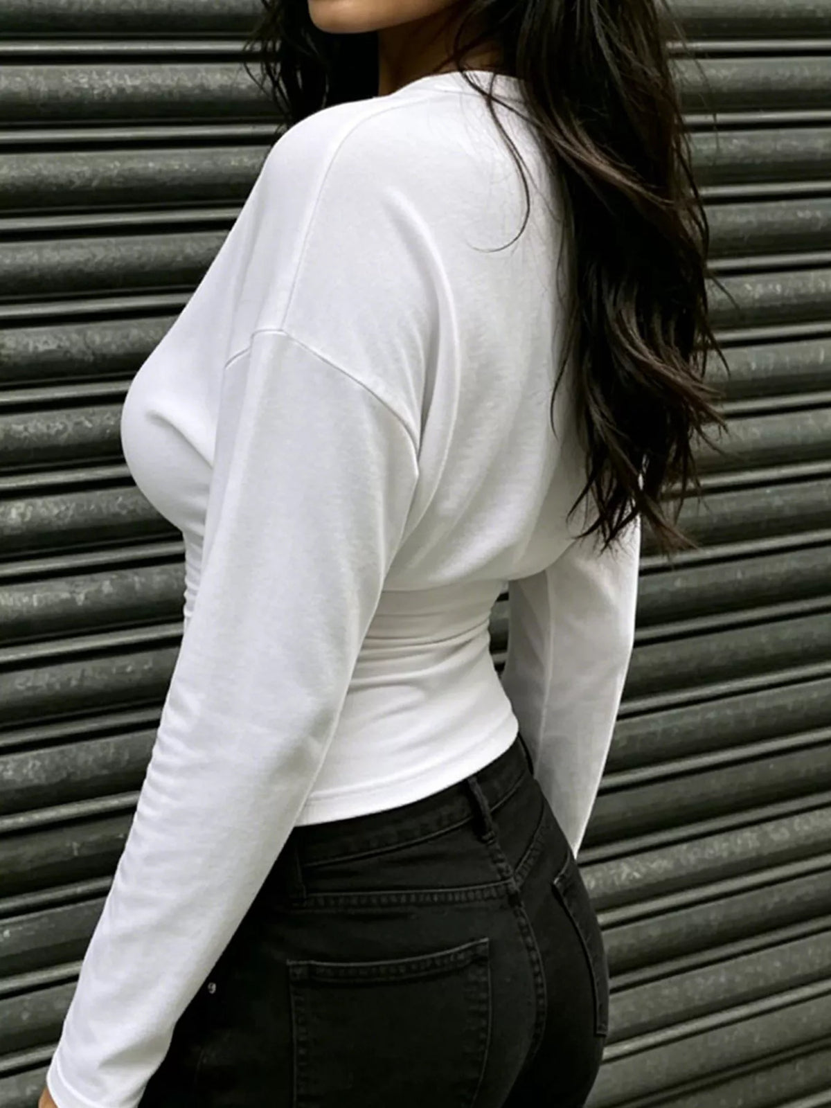 Slim Fit V-Neck Long Sleeve Ruched T-Shirt in white, back view