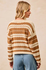 Trendsi BiBi Striped Open Knit Sweater Top with Front Braided Detail -