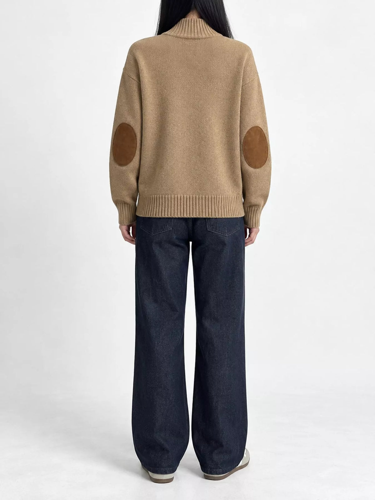 Ribbed-Knit Mock Neck Cardigan in camel, back view