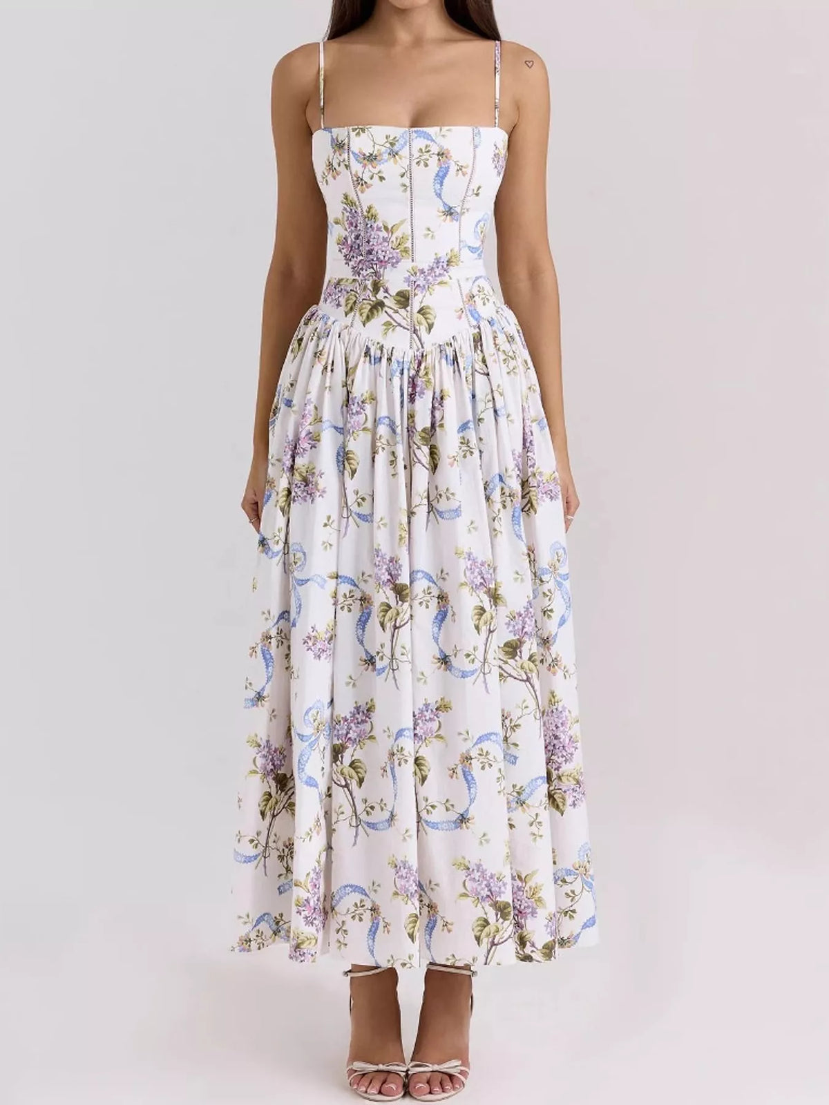 Women's Paneled Bodice Gathered Midi Dress in blue floral — front view