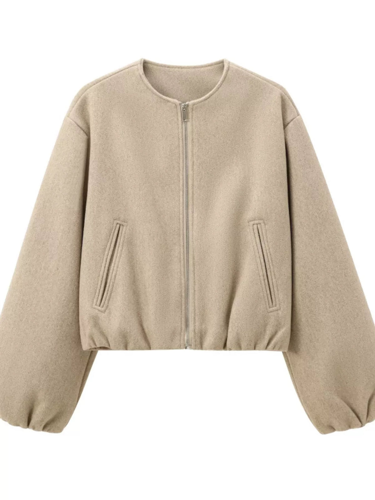 Khaki fleece zip-up cropped jacket