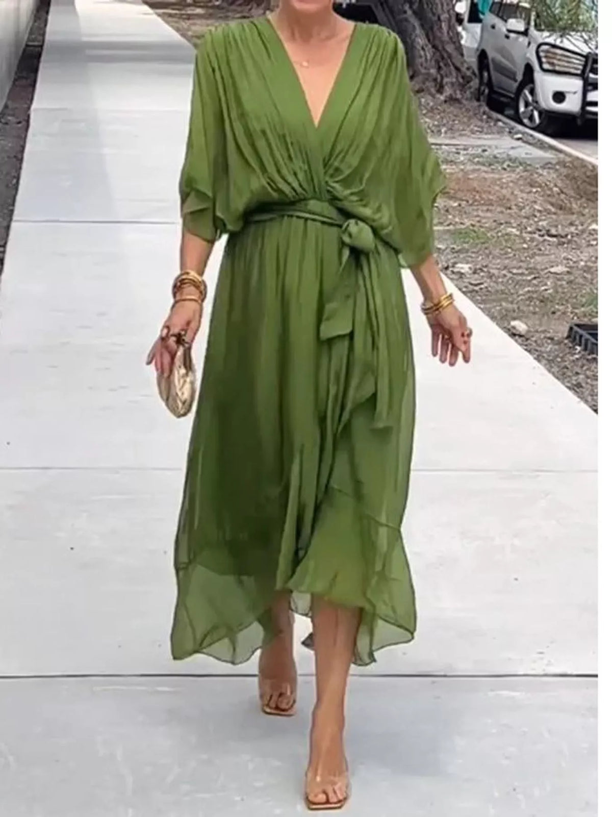 Green batwing sleeve wrap dress with waist tie, front view