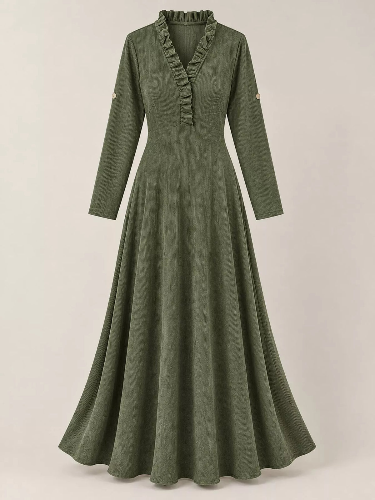 Frill-trim maxi dress, olive flat lay