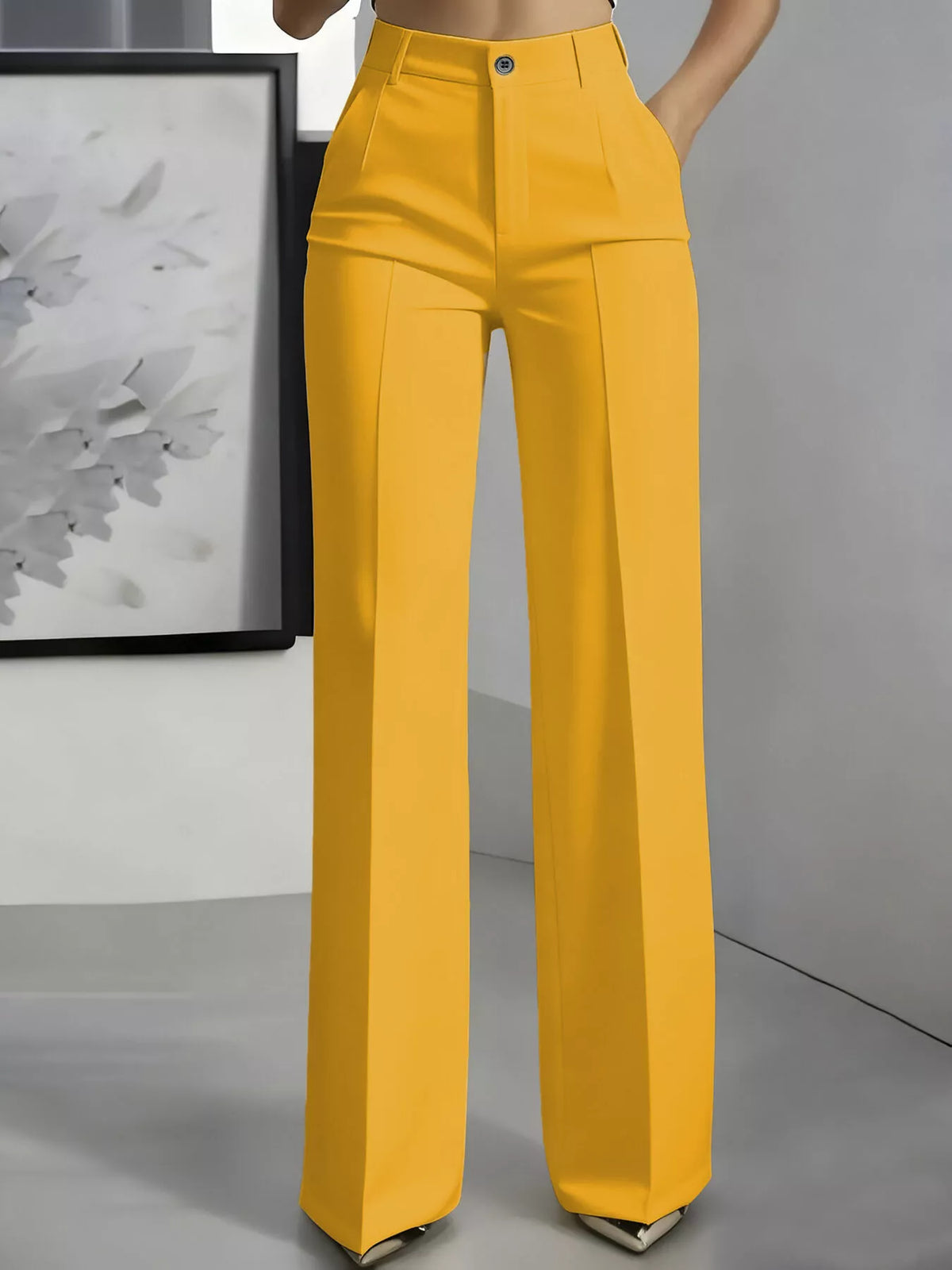 Yellow high-waisted wide-leg pants, front view