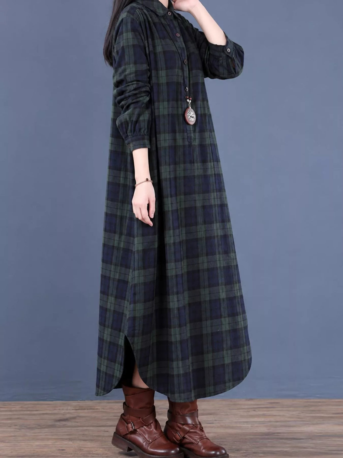 Vintage Plaid Long Sleeve Button-Down Maxi Dress in green and navy blue