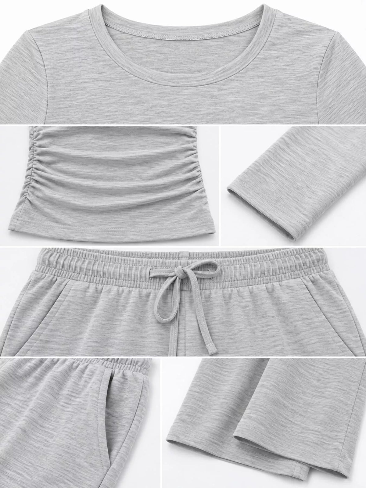 Long Sleeve Ruched Top and Wide-Leg Drawstring Pants Set — construction details