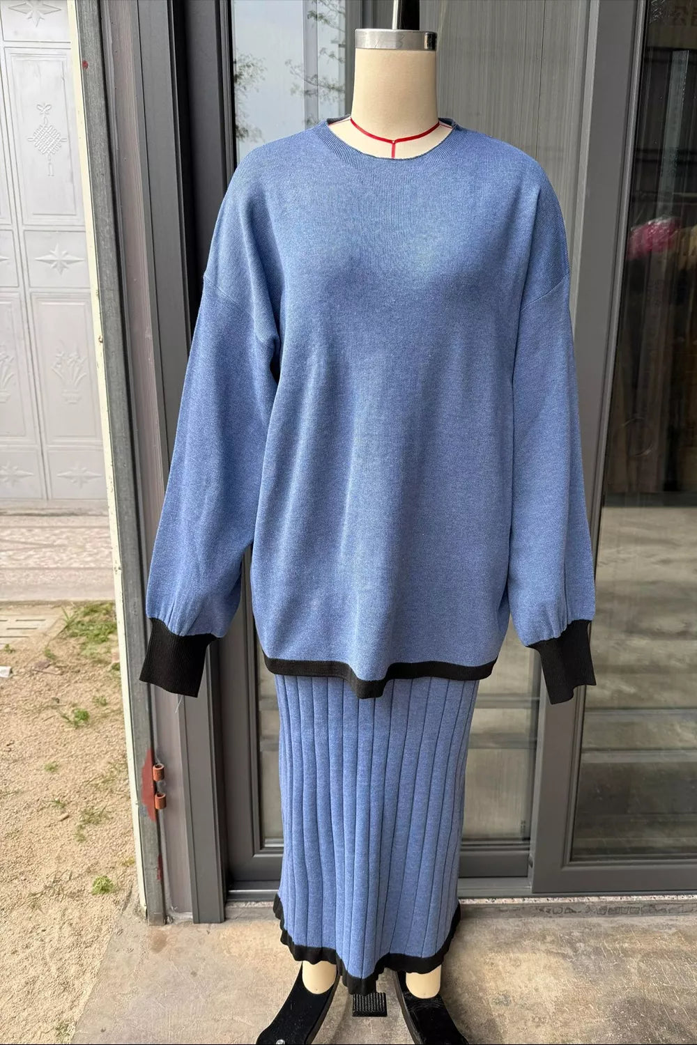 Trendsi Contrast Trim Ribbed Knit Sweater and Skirt Set -
