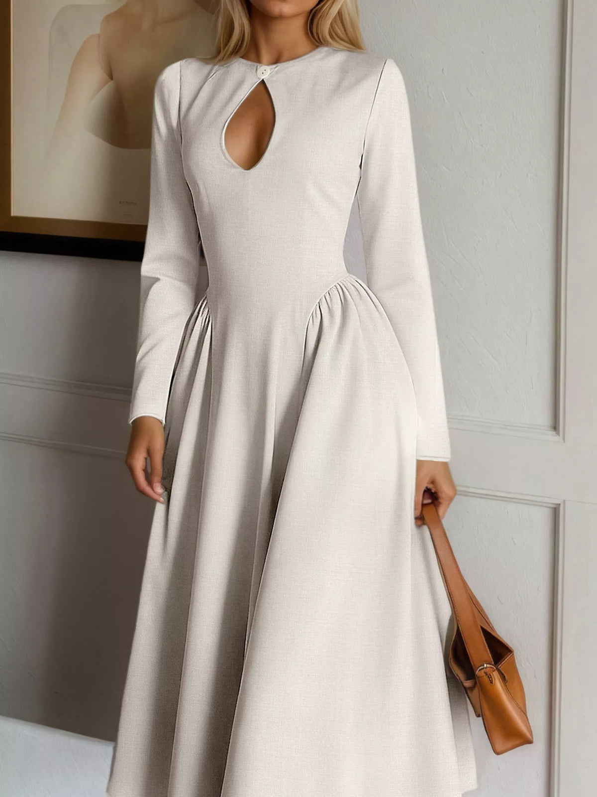 Keyhole Long-Sleeve Midi Dress in beige, front view