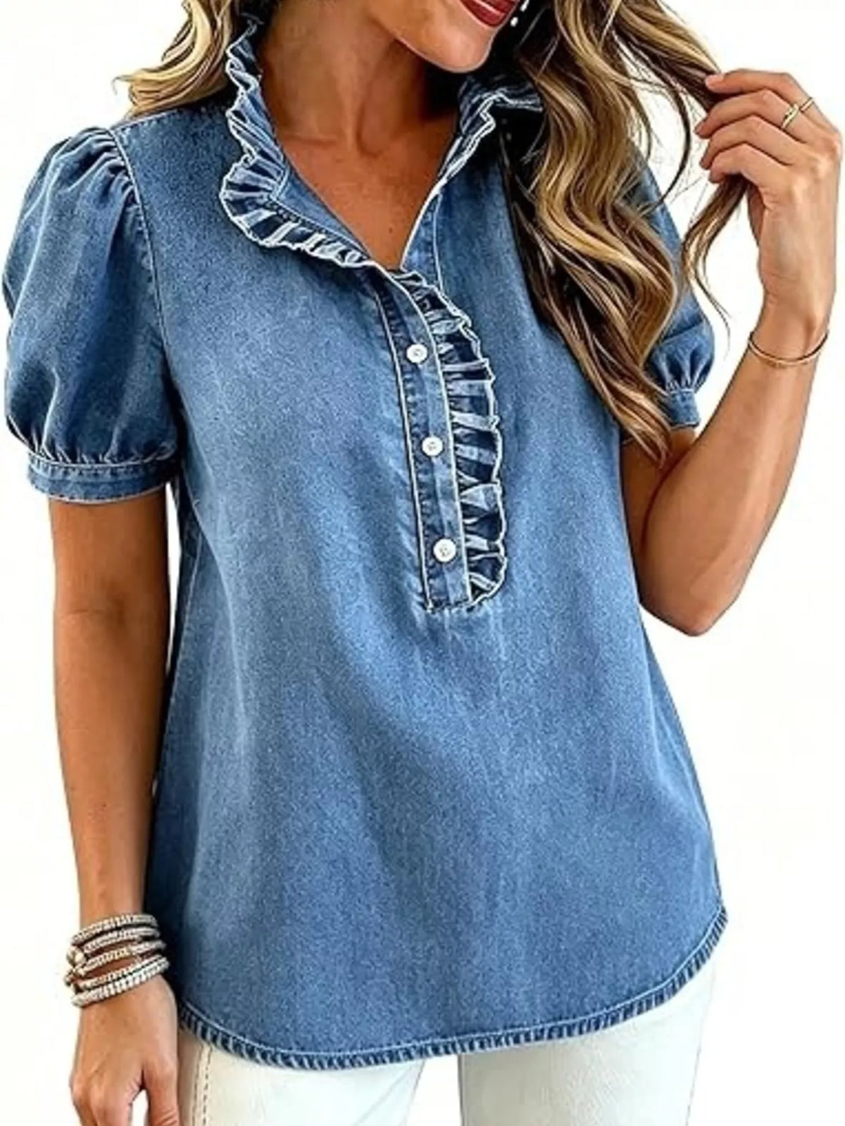 Trendsi Frill Puff Sleeve Denim Top -