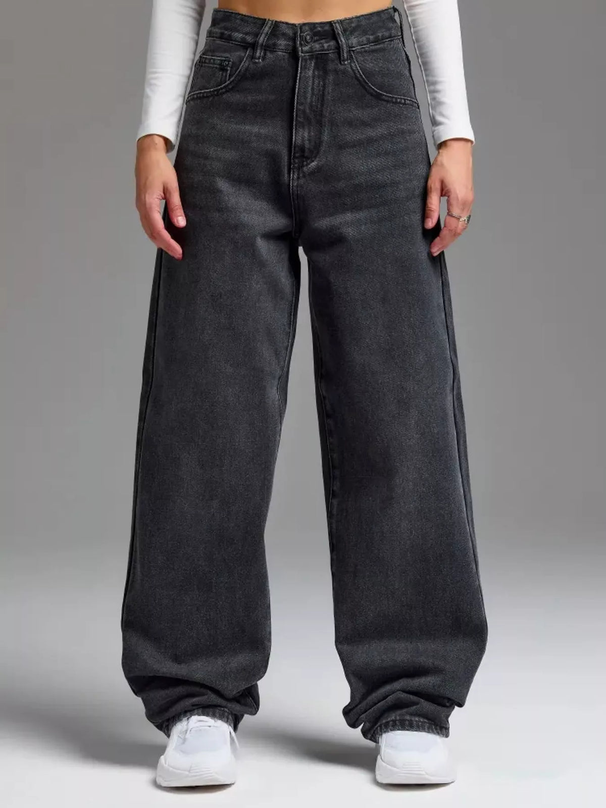 Wide-Leg Vintage Wash Jeans in black and gray