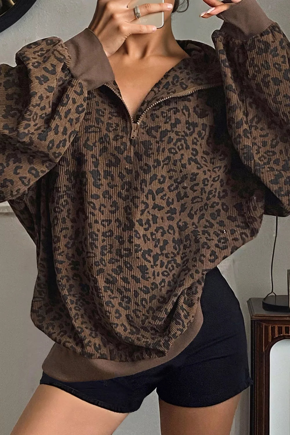 Trendsi Leopard Print Quarter-Zip Sweatshirt -