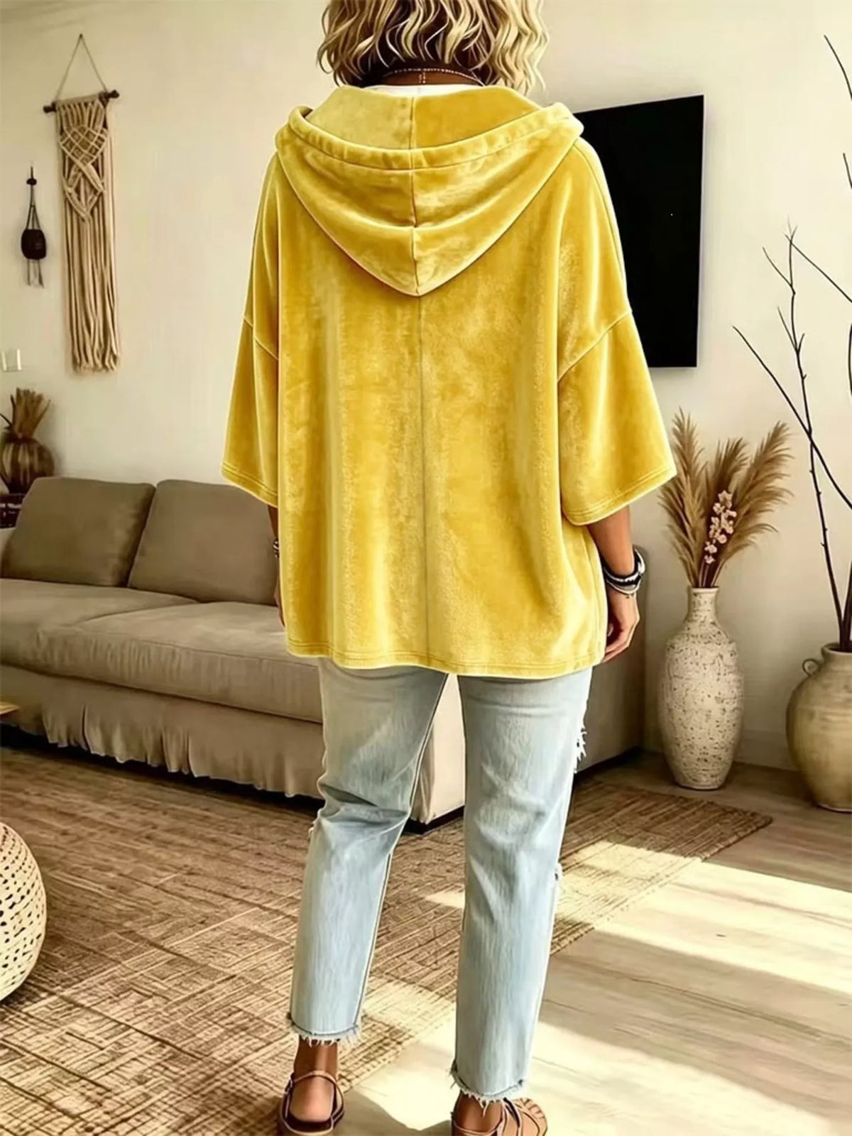 Trendsi Full Size Velvet Button Detail Drawstring Hoodie Plus Size -