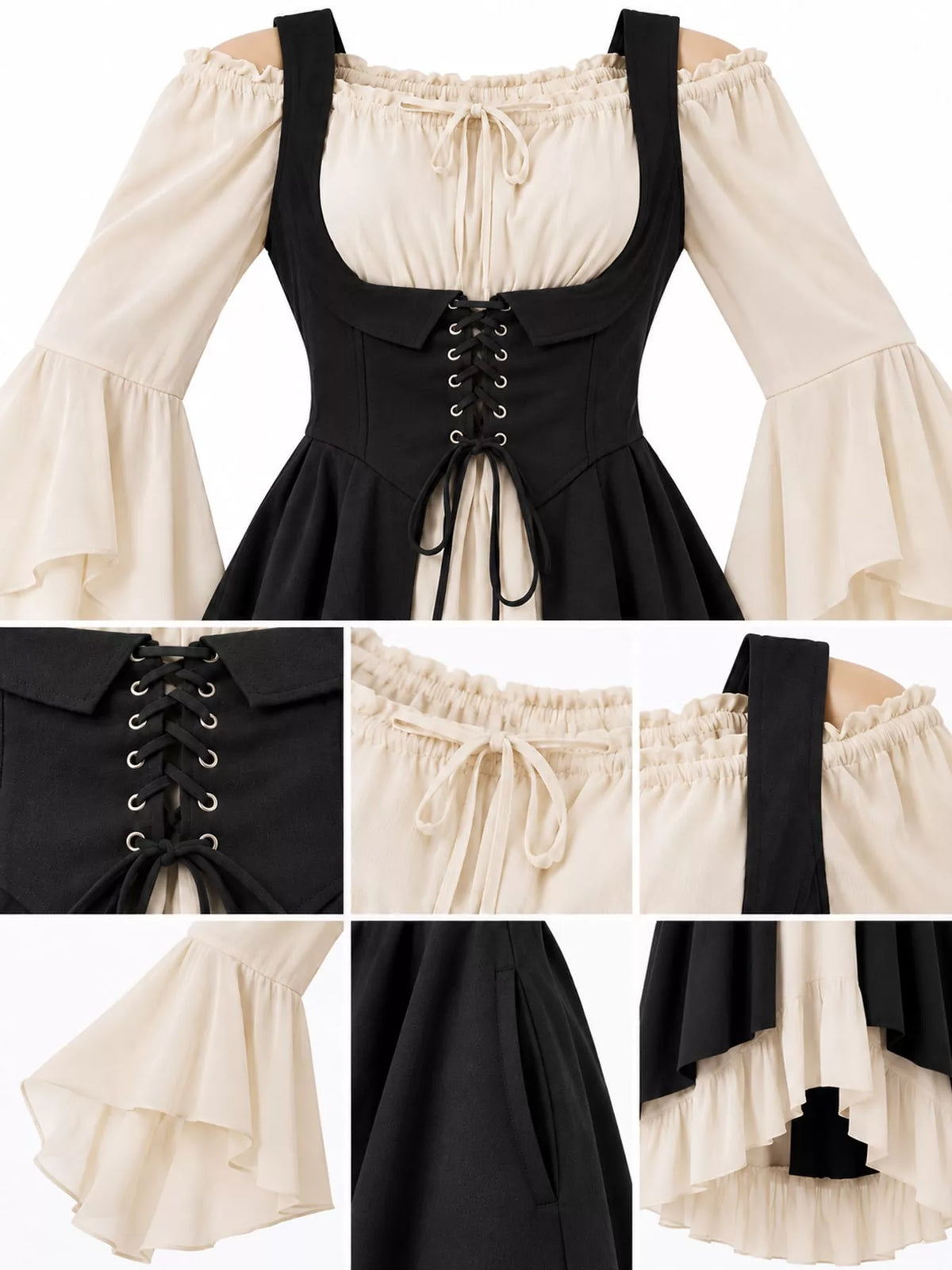 Black corset style lace-up bell sleeve dress — design and construction details
