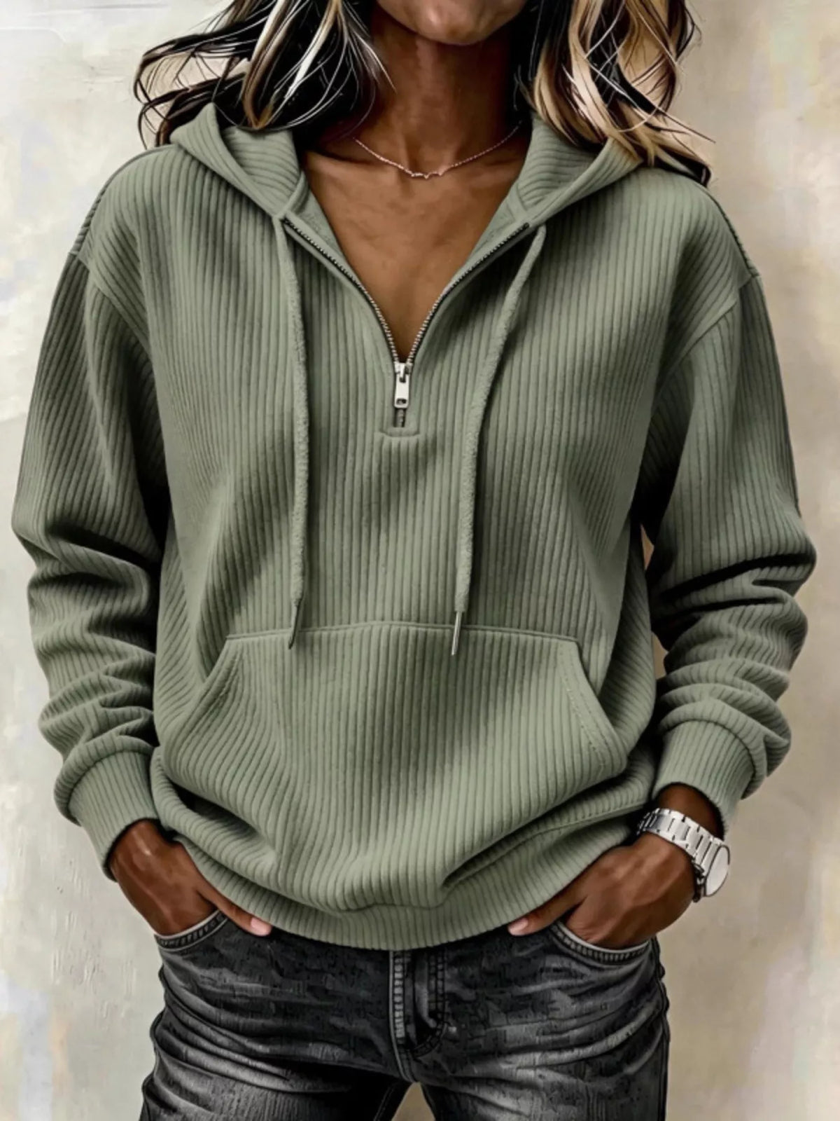 Ribbed Knit Quarter-Zip Hoodie, front view