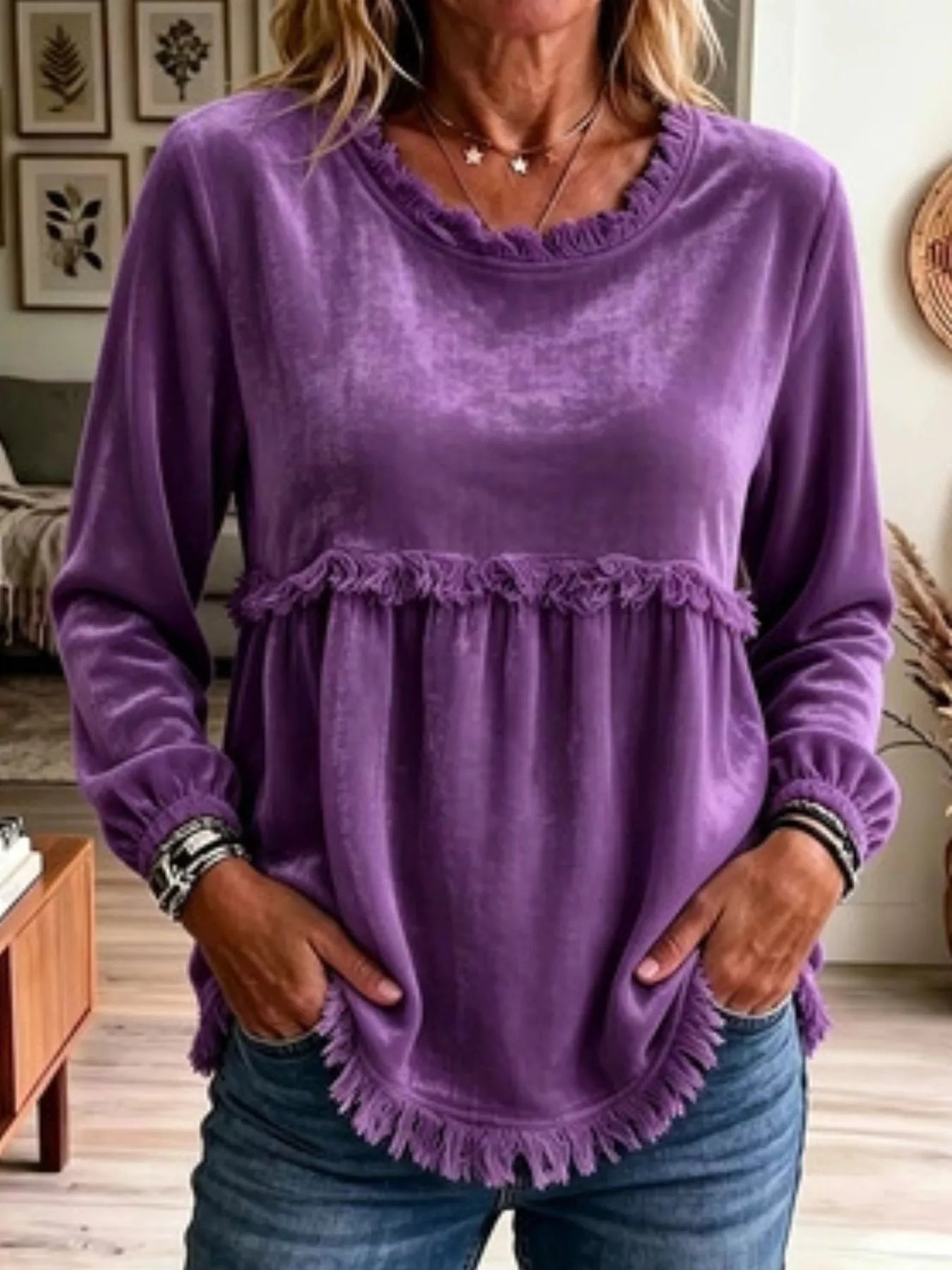Trendsi Fringed Hem Long Sleeve T-Shirt -