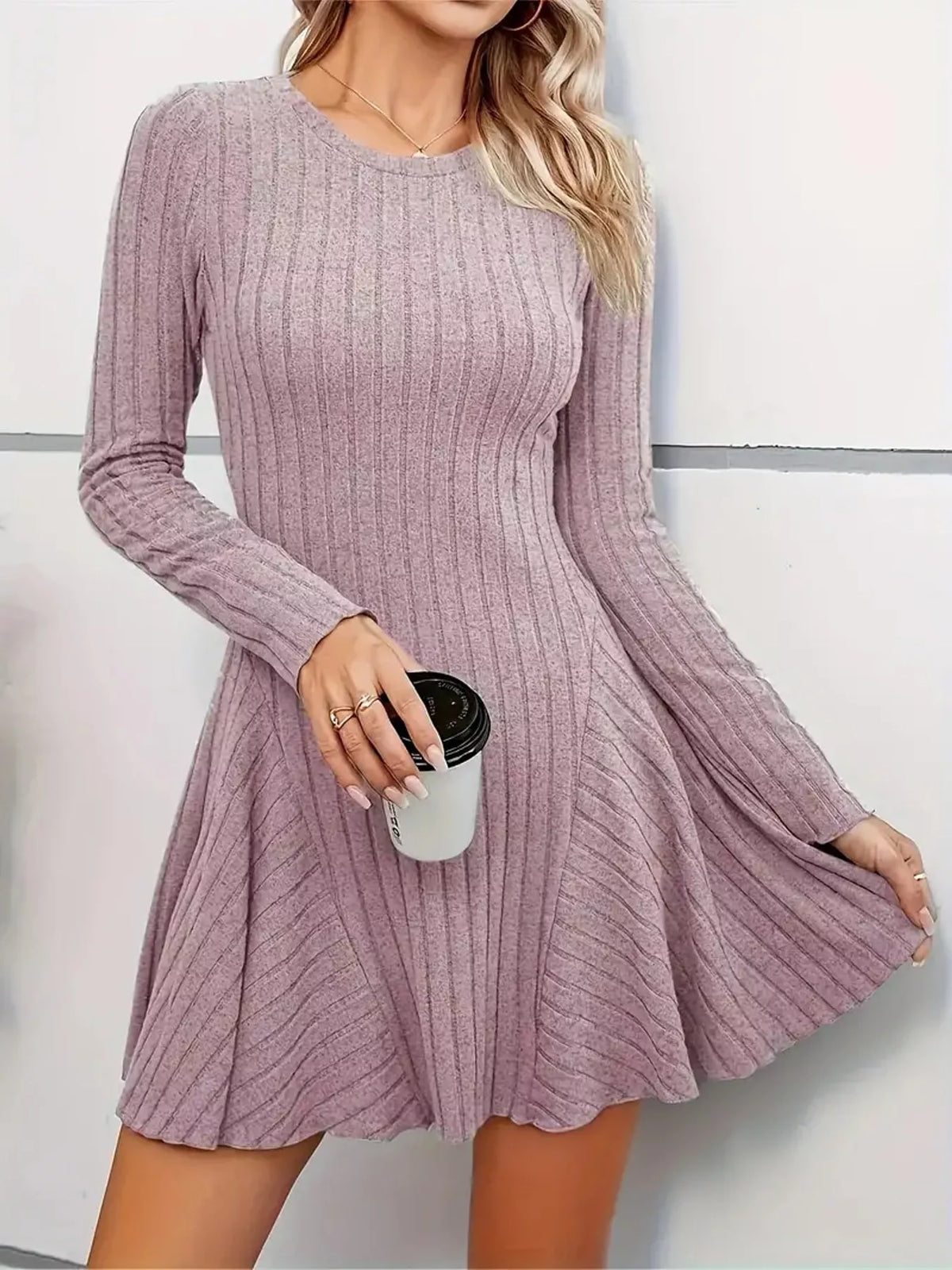 Ribbed mini dress, pink skirt flare