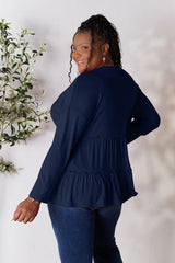 Trendsi Double Take Half Button Long Sleeve Ruffle Hem Blouse - Pants