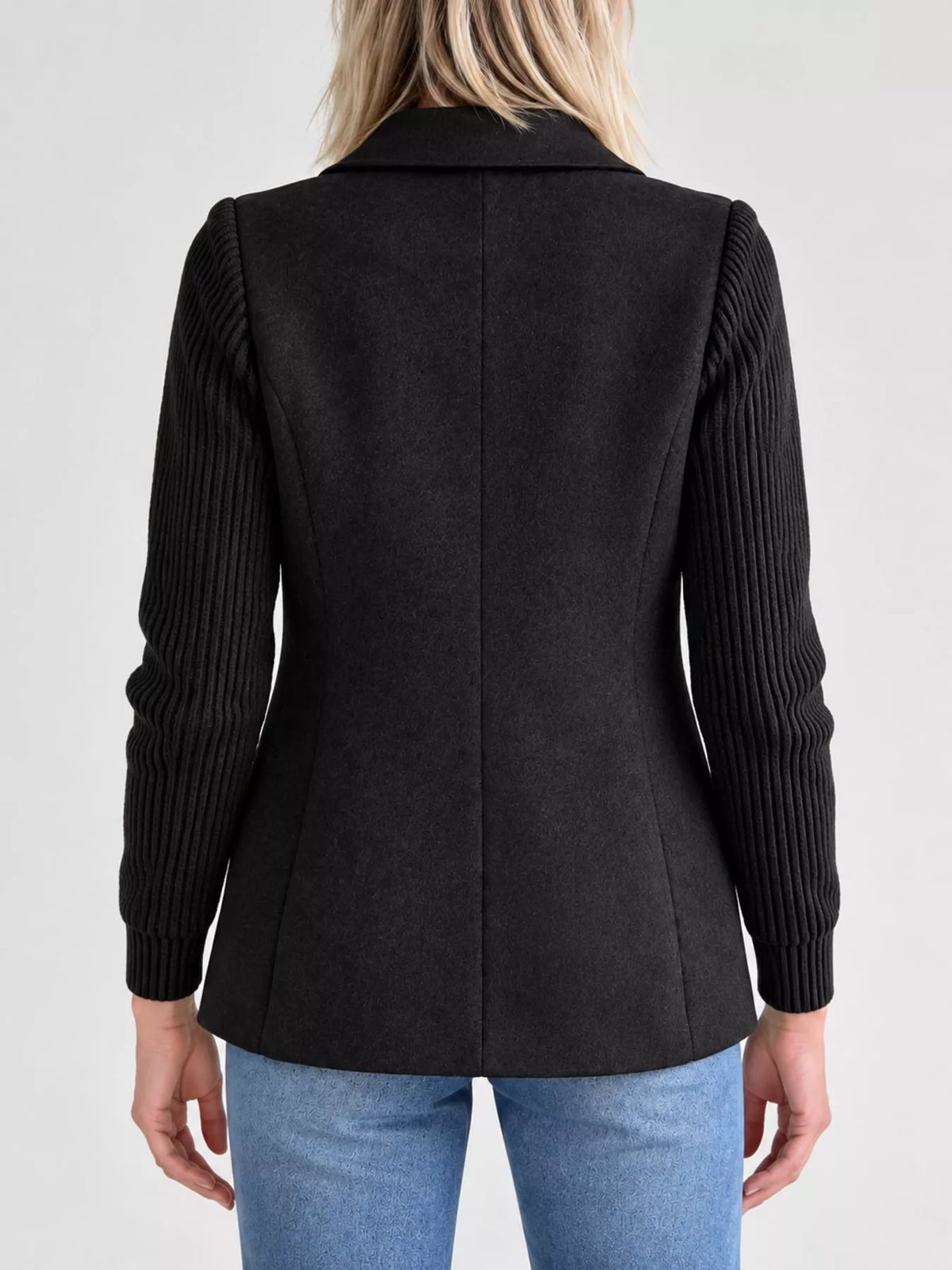 Black double-breasted lapel collar blazer — back view