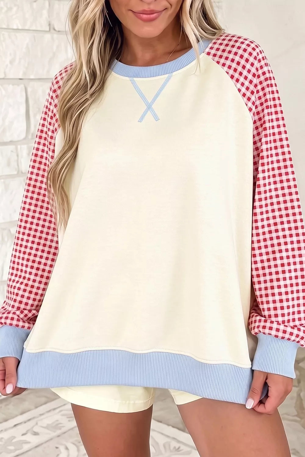 Trendsi Plaid Raglan Sleeve Sweatshirt -