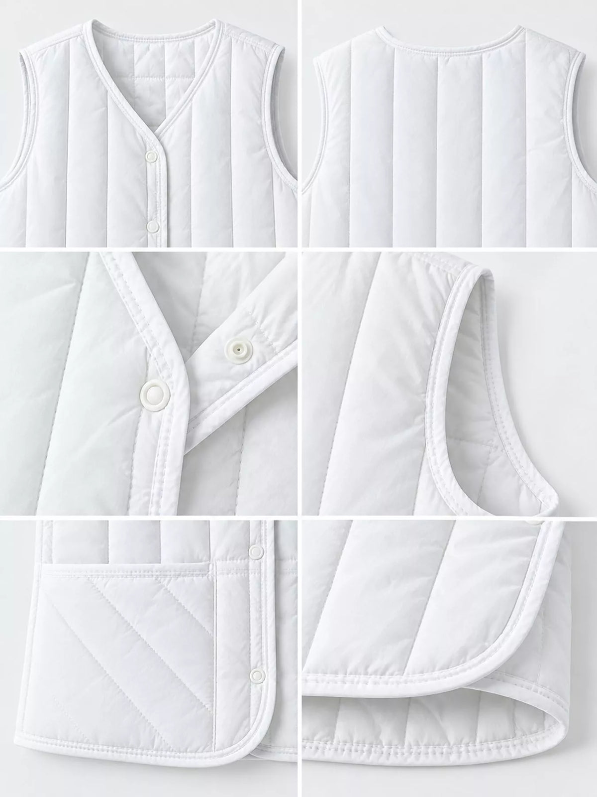 Quilted Button Up Vest in white, construction detail
