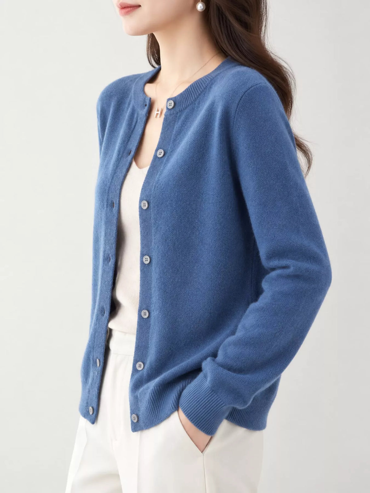 Blue crew neck button-front cardigan