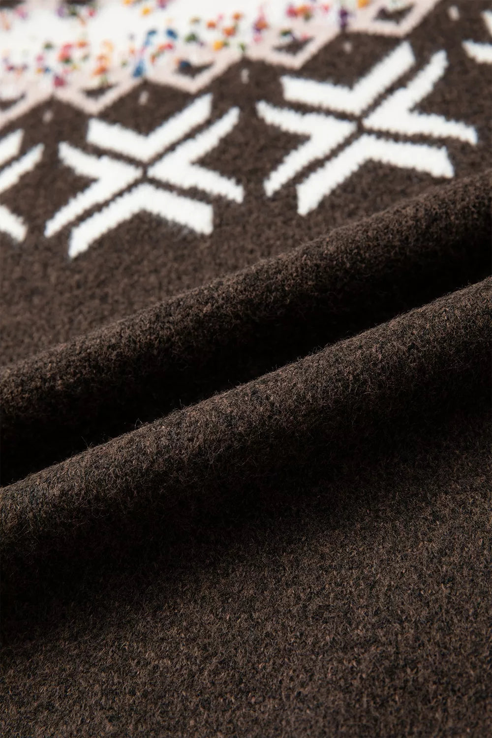 Women's Geometric Round Neck Sweater with Colorful Confetti Accents in brown — texture detail view