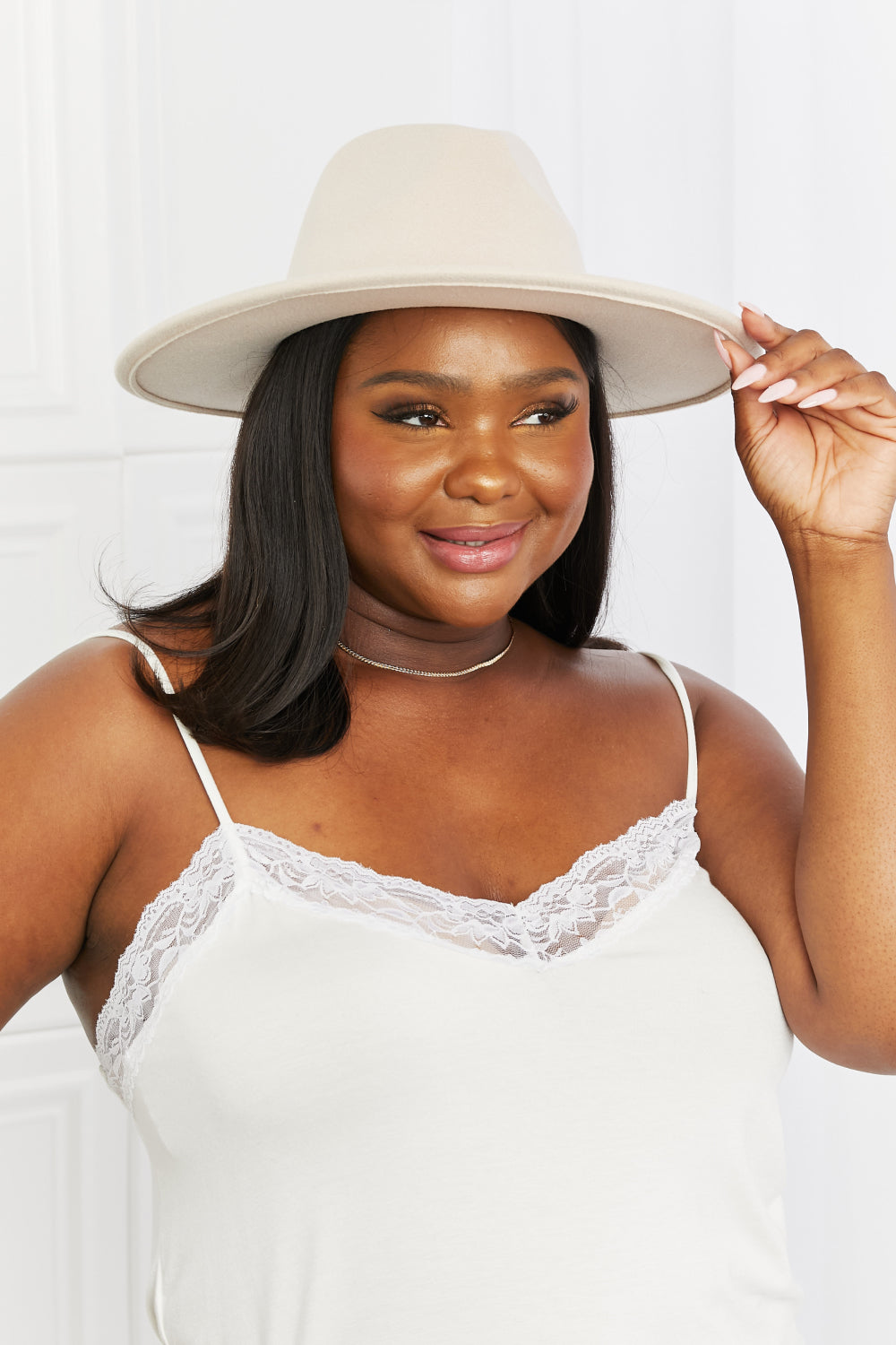 Women's Fedora Hat With Adjustable Strap And Faux Leather Belt Buckle Beige — product view 3