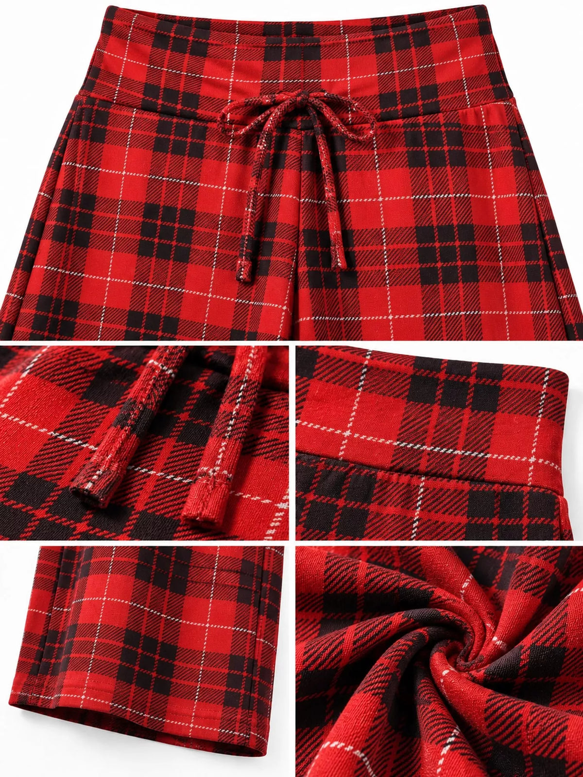 Red plaid drawstring wide-leg pants — design and construction details