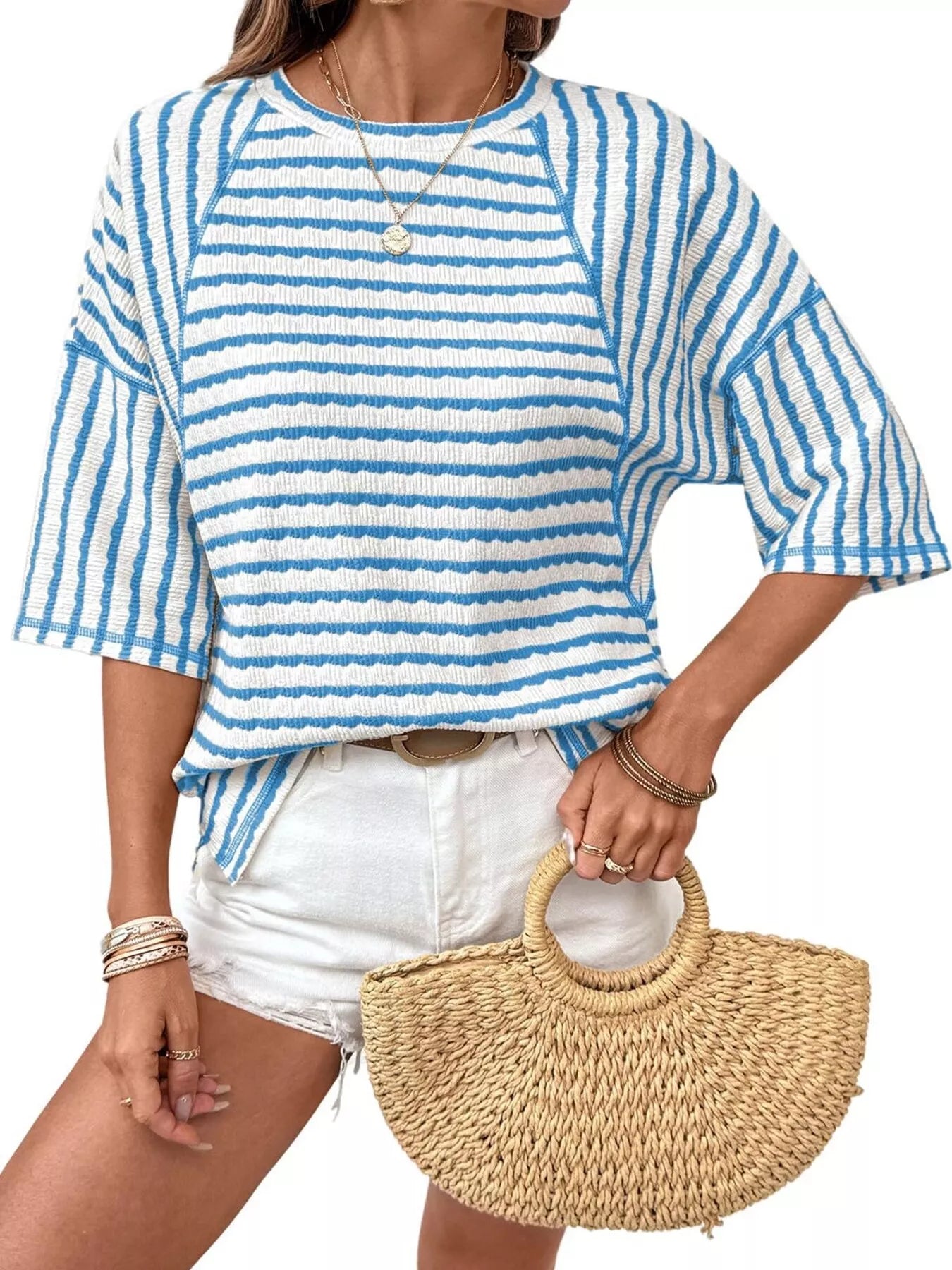 Trendsi Casual Striped Raglan Sleeve Textured T-Shirt -
