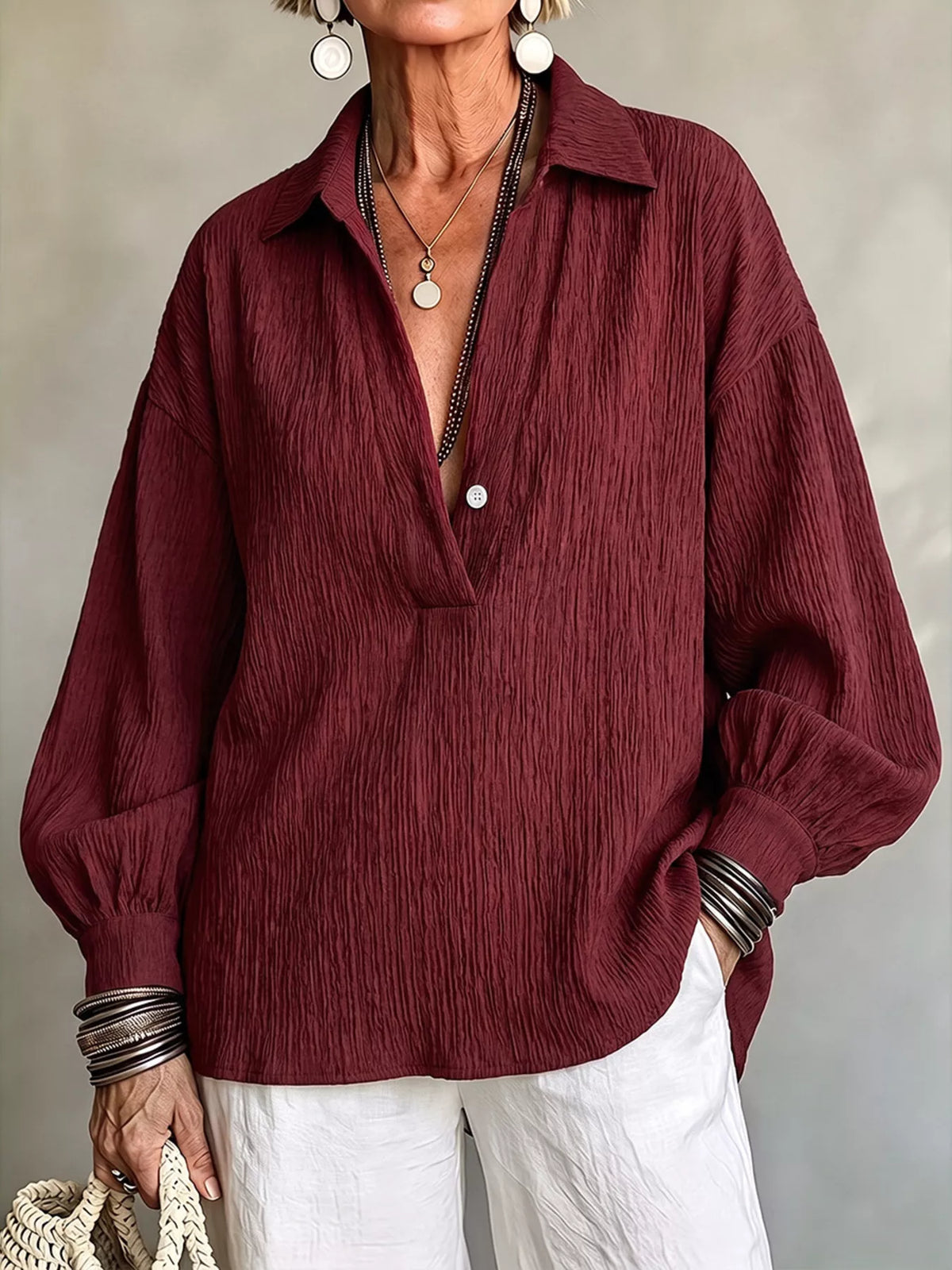 Women's Textured Lantern Sleeves Blouse in burgundy — front view